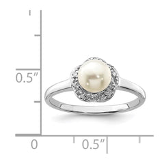Sterling Silver Rhodium 6mm FW Cultured Button Pearl & Diamond Ring - 5