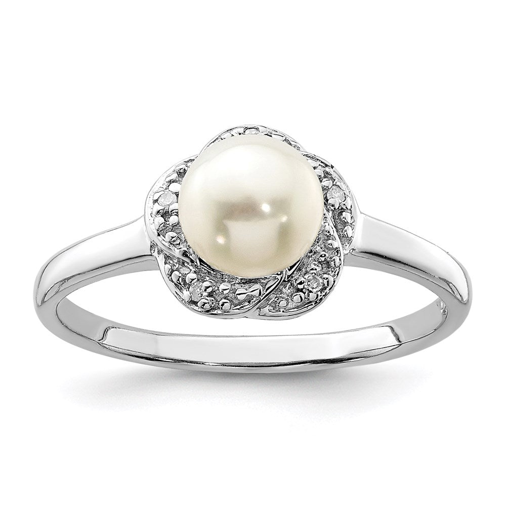 Sterling Silver Rhodium 6mm FW Cultured Button Pearl & Diamond Ring - 5