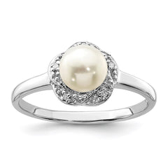 Sterling Silver Rhodium 6mm FW Cultured Button Pearl & Diamond Ring - 5