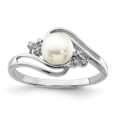 Sterling Silver Rhodium 6mm FW Cultured Button Pearl & Diamond Ring - 6