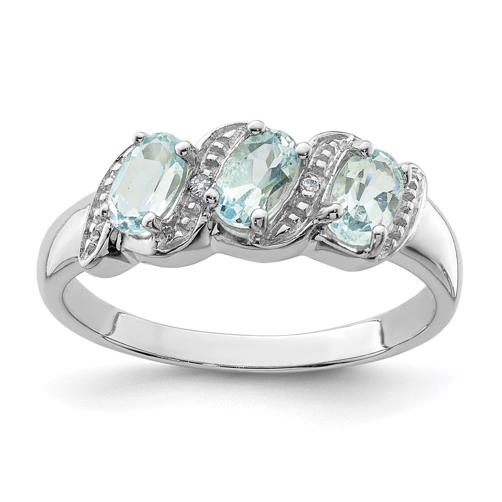Sterling Silver Rhodium Aqua & Diamond Ring - 9