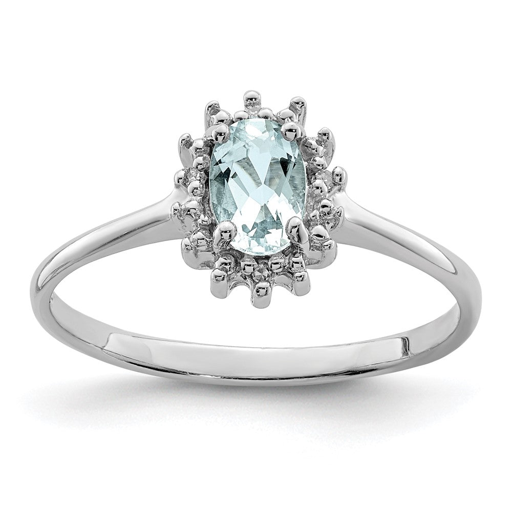 Sterling Silver Rhodium Aquamarine Diamond Ring - 4