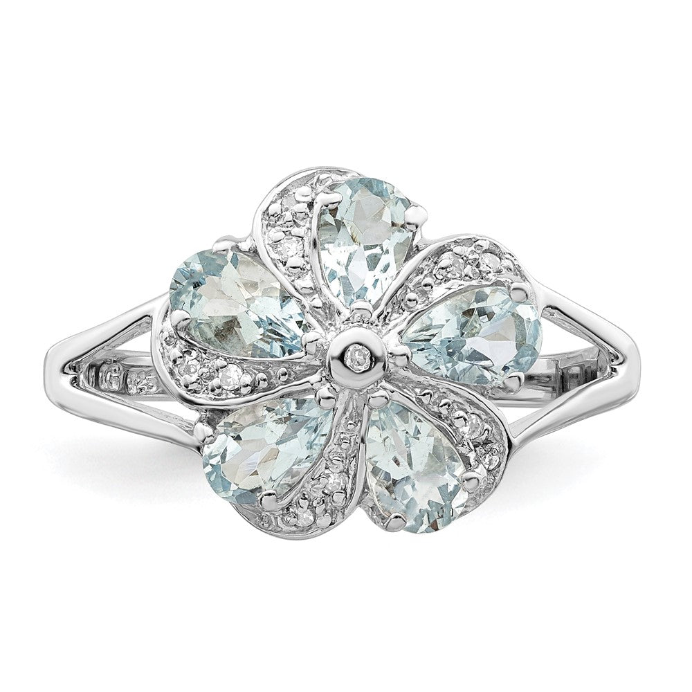 Sterling Silver Rhodium Aquamarine Diamond Ring - 6