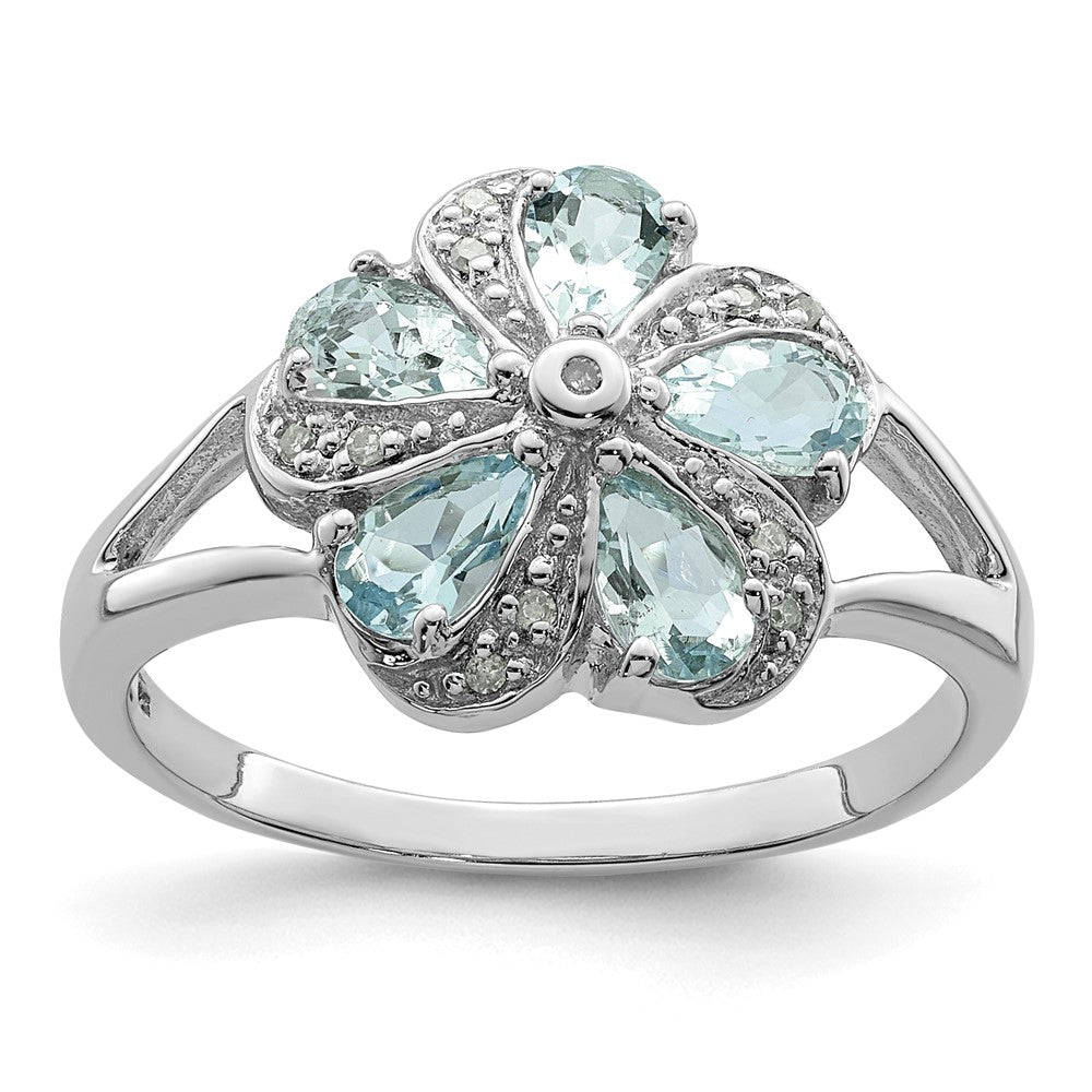 Sterling Silver Rhodium Aquamarine Diamond Ring - 6