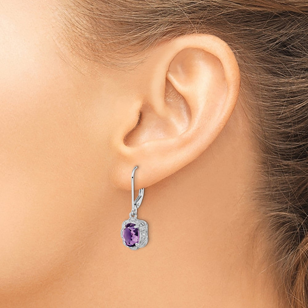 Sterling Silver Rhodium-plated Diamond and Amethyst Earrings - 3