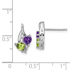 Sterling Silver Rhodium-plated Amethyst Peridot Diamond Earrings