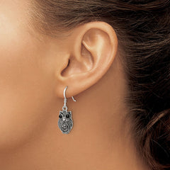 Sterling Silver Antiqued Marcasite/Blk Agate Owl Shepherd Hook Earrings