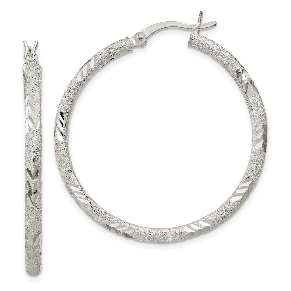 Sterling Silver 2.5mm Diamond-cut Laser-cut Hinged Hoop Earrings - 3