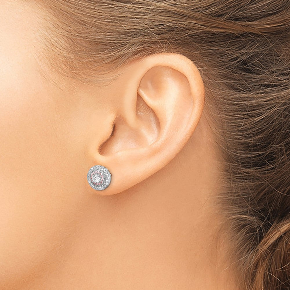 Sterling Silver Rhodium & Rose Gold-plated Pavâ CZ Circle Post Earrings