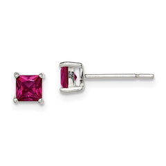 Sterling Silver Polished 4mm Square Red Glass Stud Earrings - 2