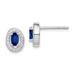 Sterling Silver Rhod-plated Blue and White CZ Oval Stud Earrings - 2