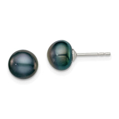 Sterling Silver Rhodium-plated 7-8mm Black Button Freshwater Cultured Pearl Post Earring