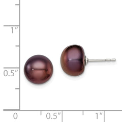 Sterling Silver Rhodium-plated 9-10mm Black Button Freshwater Cultured Pearl Post Earrings