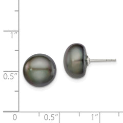 Sterling Silver Rhodium-plated 11-12mm Black Button Freshwater Cultured Pearl Post Earrings