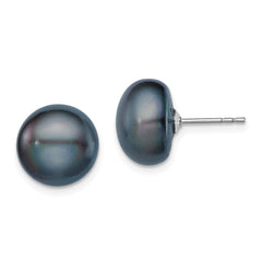 Sterling Silver Rhodium-plated 11-12mm Black Button Freshwater Cultured Pearl Post Earrings