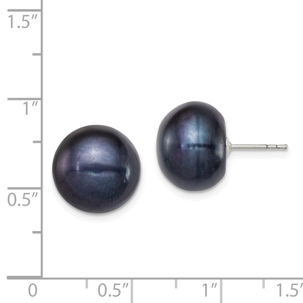 Sterling Silver Rhodium-plated 12-13mm Black Button Freshwater Cultured Pearl Post Earrings