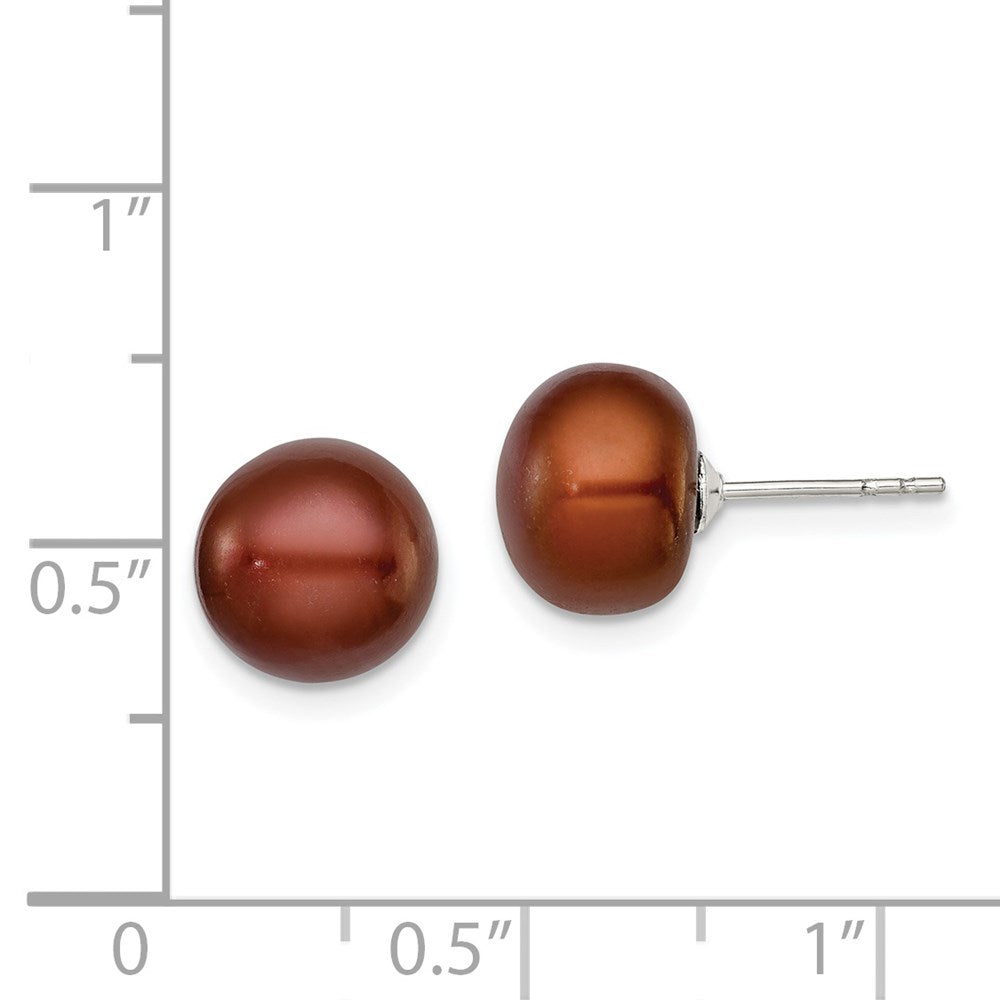 Sterling Silver Rhodium-plated 9-10mm Brown Button Freshwater Cultured Pearl Post Earrings