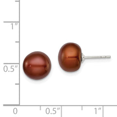 Sterling Silver Rhodium-plated 9-10mm Brown Button Freshwater Cultured Pearl Post Earrings