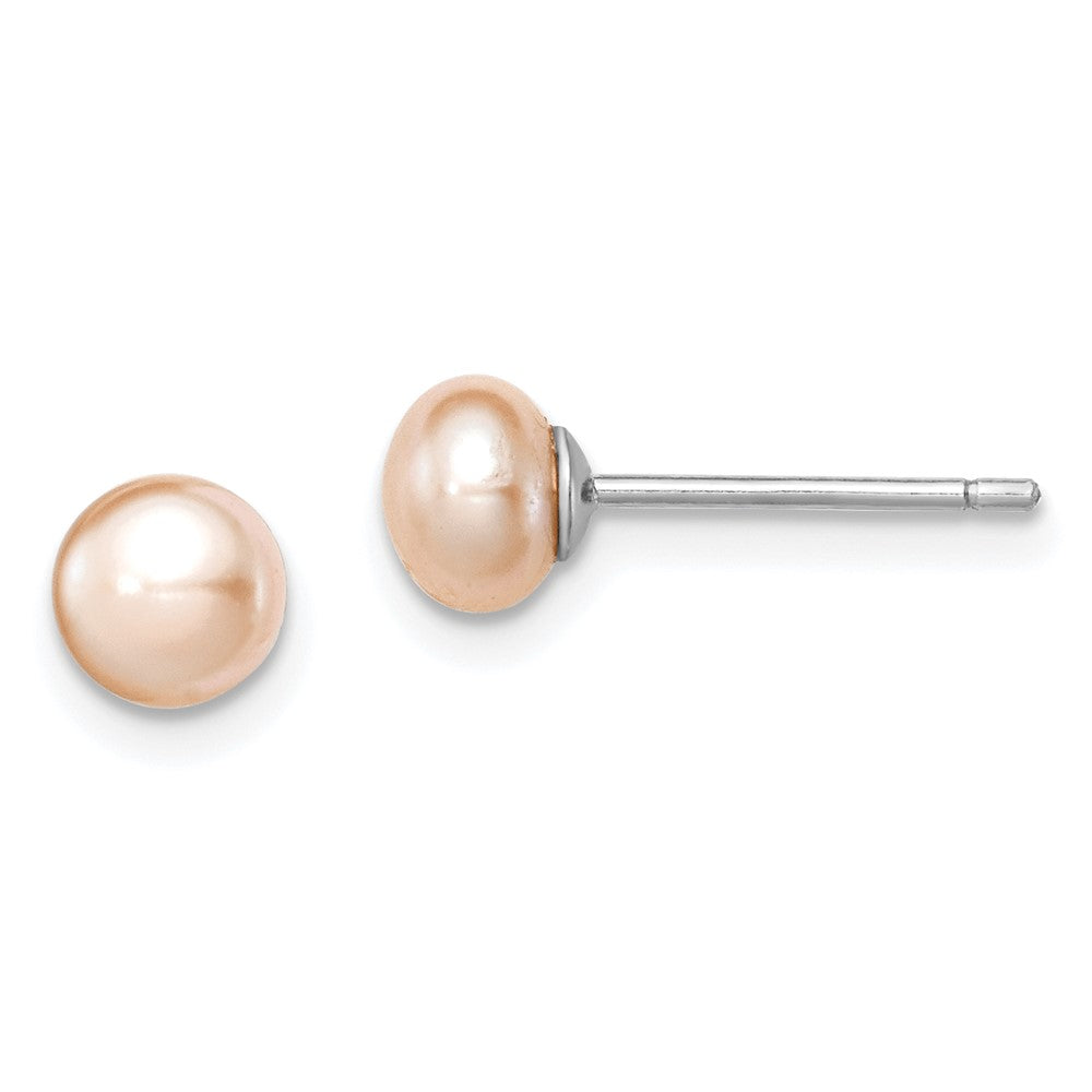 Sterling Silver Rhodium-plated 5-6mm Pink Button Freshwater Cultured Pearl Post Earrings