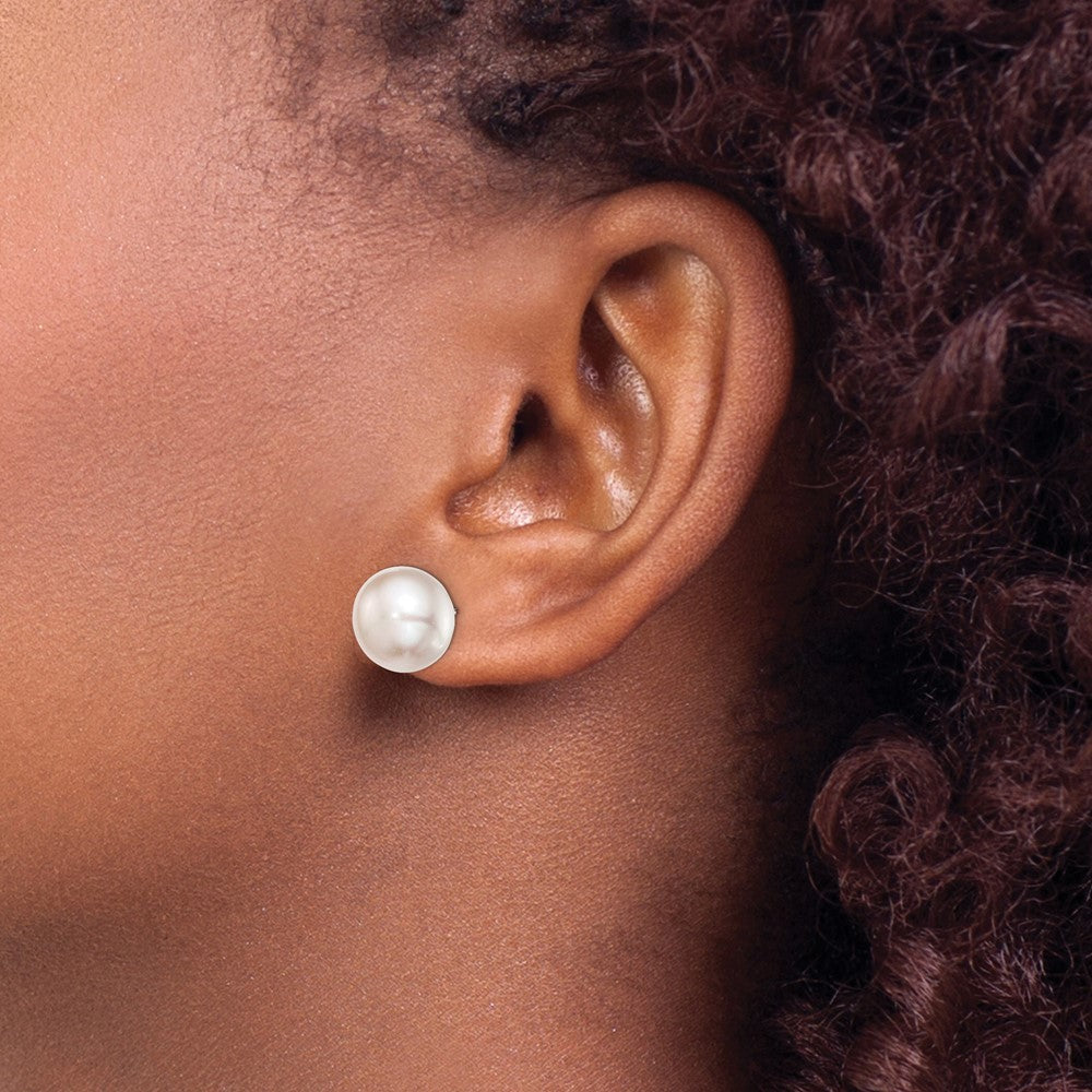 Sterling Silver Rhodium-plated 11-12mm Pink Button Freshwater Cultured Pearl Post Earrings