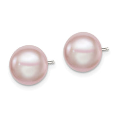 Sterling Silver Rhodium-plated 9-10mm Purple Button Freshwater Cultured Pearl Post Earrings