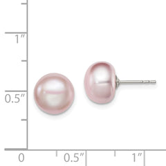 Sterling Silver Rhodium-plated 9-10mm Purple Button Freshwater Cultured Pearl Post Earrings