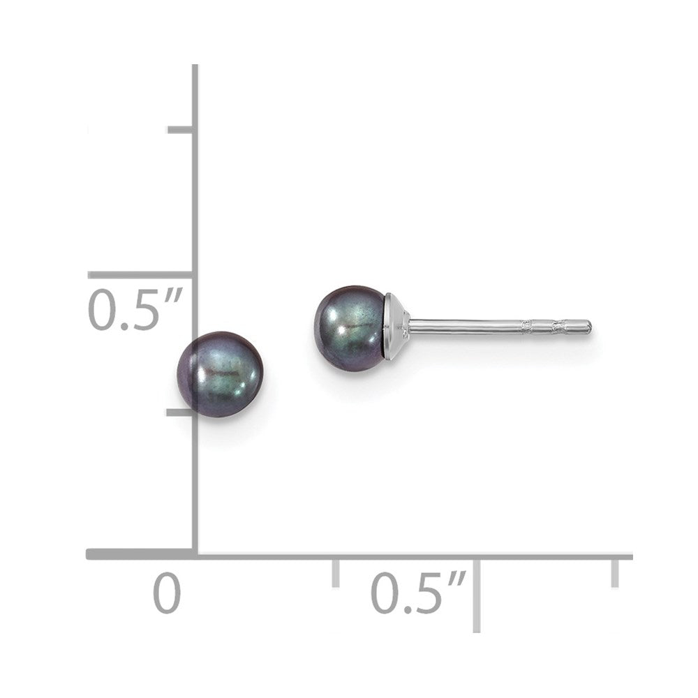 Sterling Silver Rhodium-plated 3-4mm Black Round Freshwater Cultured Pearl Post Earrings