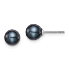 Sterling Silver Rhodium-plated 6-7mm Black Round Freshwater Cultured Pearl Post Earrings