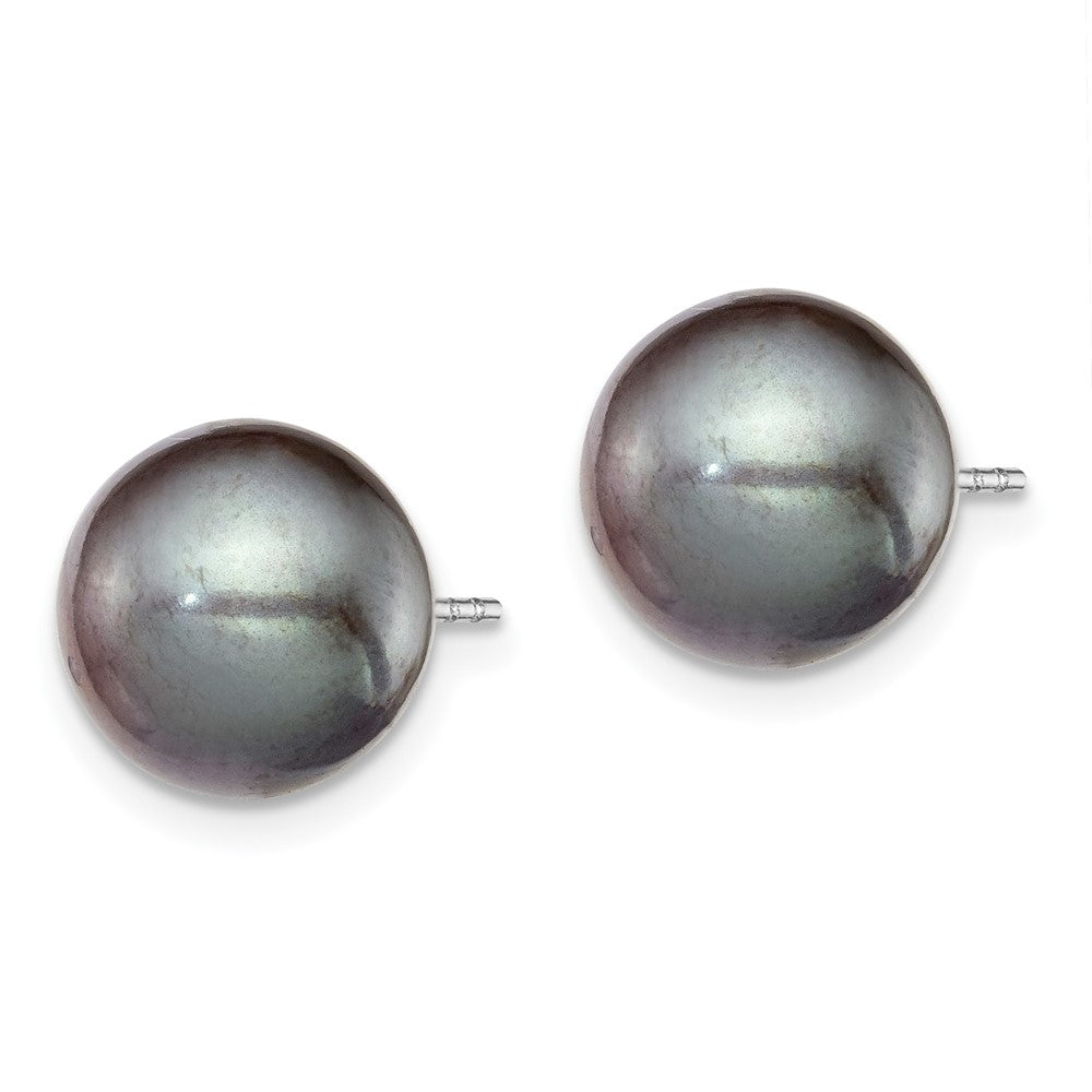 Sterling Silver Rhodium-plated 9-10mm Black Round Freshwater Cultured Pearl Post Earring