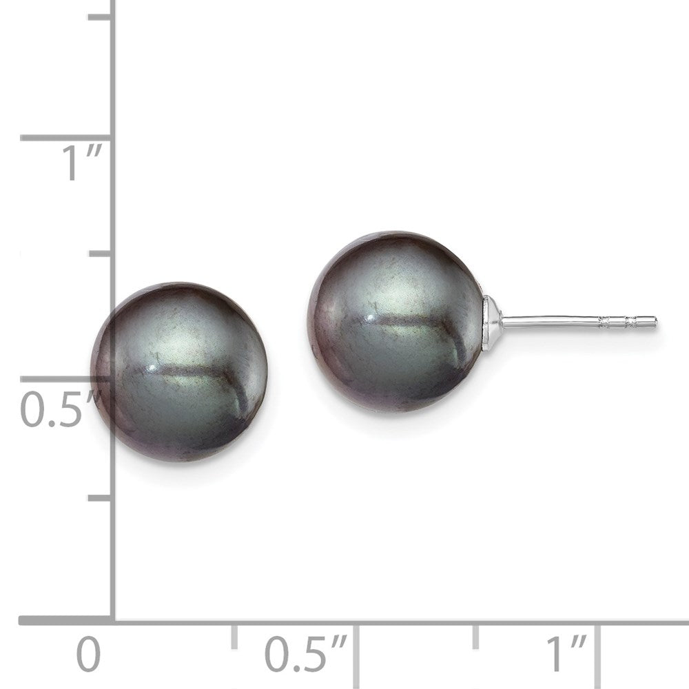 Sterling Silver Rhodium-plated 9-10mm Black Round Freshwater Cultured Pearl Post Earring