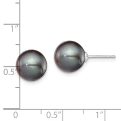 Sterling Silver Rhodium-plated 9-10mm Black Round Freshwater Cultured Pearl Post Earring