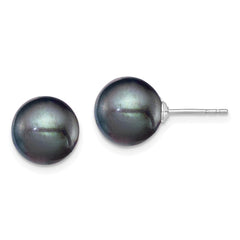 Sterling Silver Rhodium-plated 9-10mm Black Round Freshwater Cultured Pearl Post Earring