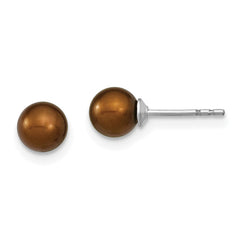 Sterling Silver Rhodium-plated 5-6mm Brown Round Freshwater Cultured Pearl Post Earring