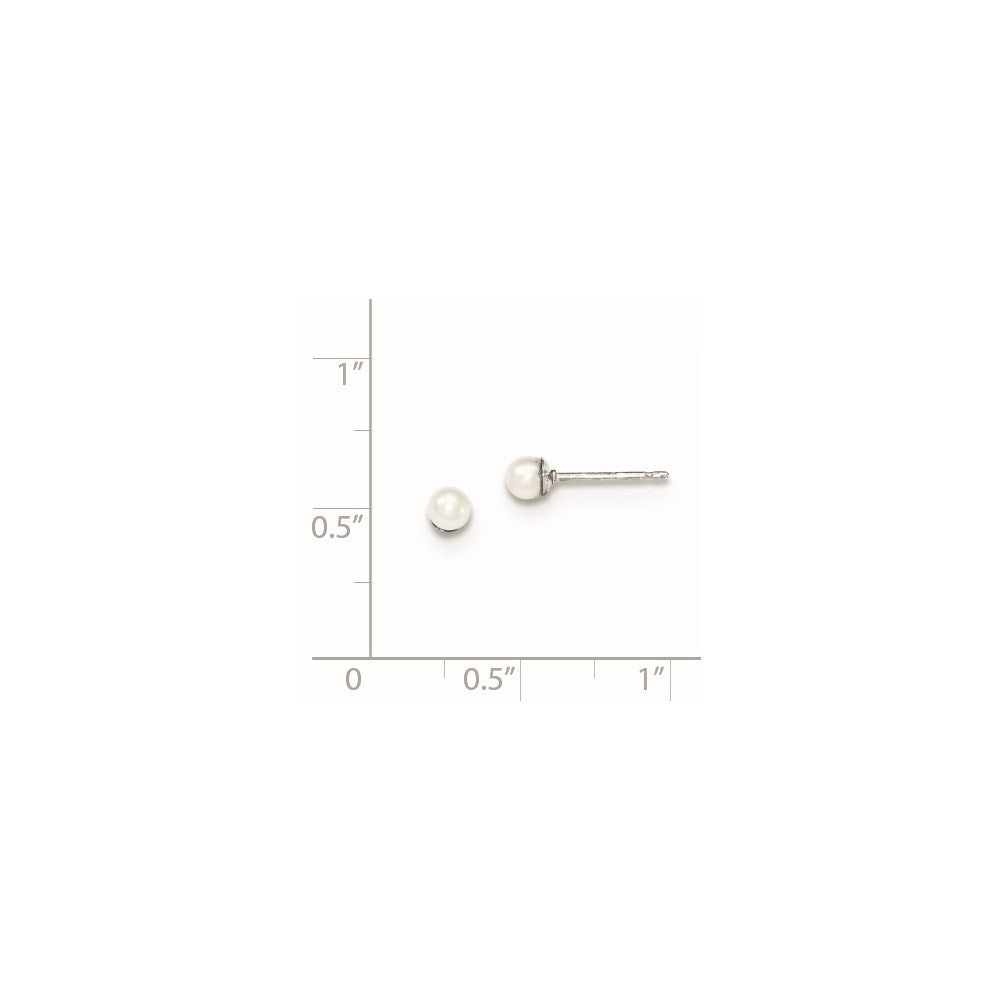 Sterling Silver Rhodium-plated 3-4mm White Round Freshwater Cultured Pearl Post Earrings