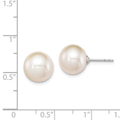 Sterling Silver Rhodium-plated 10-11mm White Round Freshwater Cultured Pearl Post Earrings