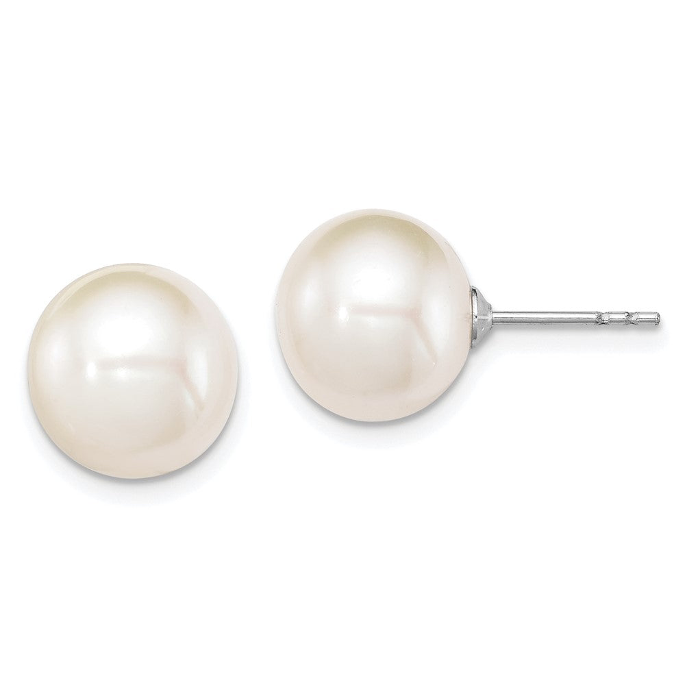 Sterling Silver Rhodium-plated 10-11mm White Round Freshwater Cultured Pearl Post Earrings