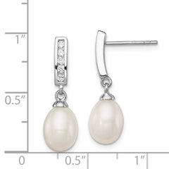 Sterling Silver Rhodium-plated 8-9mm White Rice Freshwater Cultured Pearl and CZ Post Dangle Earrings - 5