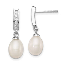 Sterling Silver Rhodium-plated 8-9mm White Rice Freshwater Cultured Pearl and CZ Post Dangle Earrings - 5