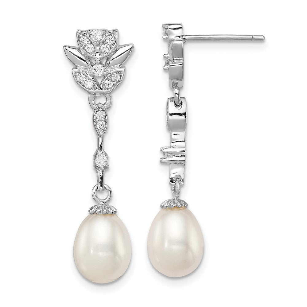Sterling Silver Rhodium-plated 8-9mm White Teardrop Freshwater Cultured Pearl and CZ Post Dangle Earrings - 2