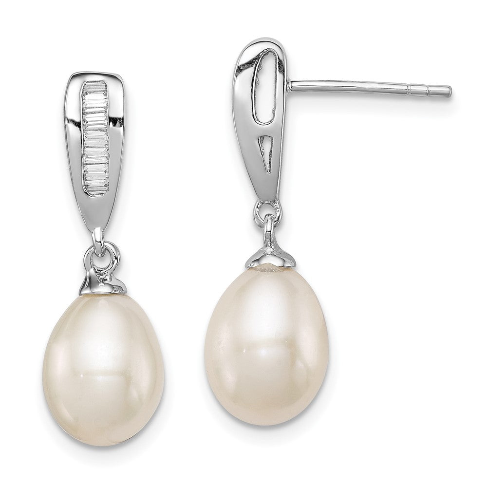 Sterling Silver Rhodium-plated 7-8mm White Rice Freshwater Cultured Pearl and CZ Post Dangle Earrings - 9