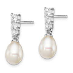 Sterling Silver Rhod-plated 7-8mm White Teardrop Freshwater Cultured Pearl and CZ Post Dangle Earrings