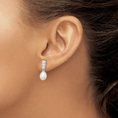 Sterling Silver Rhod-plated 7-8mm White Teardrop Freshwater Cultured Pearl and CZ Post Dangle Earrings