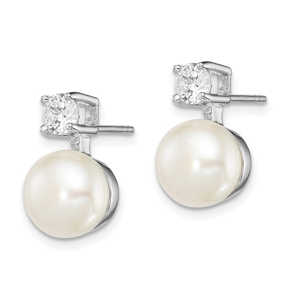 Sterling Silver Rhodium-plated 7-8mm White Button Freshwater Cultured Pearl and CZ Post Earrings - 2