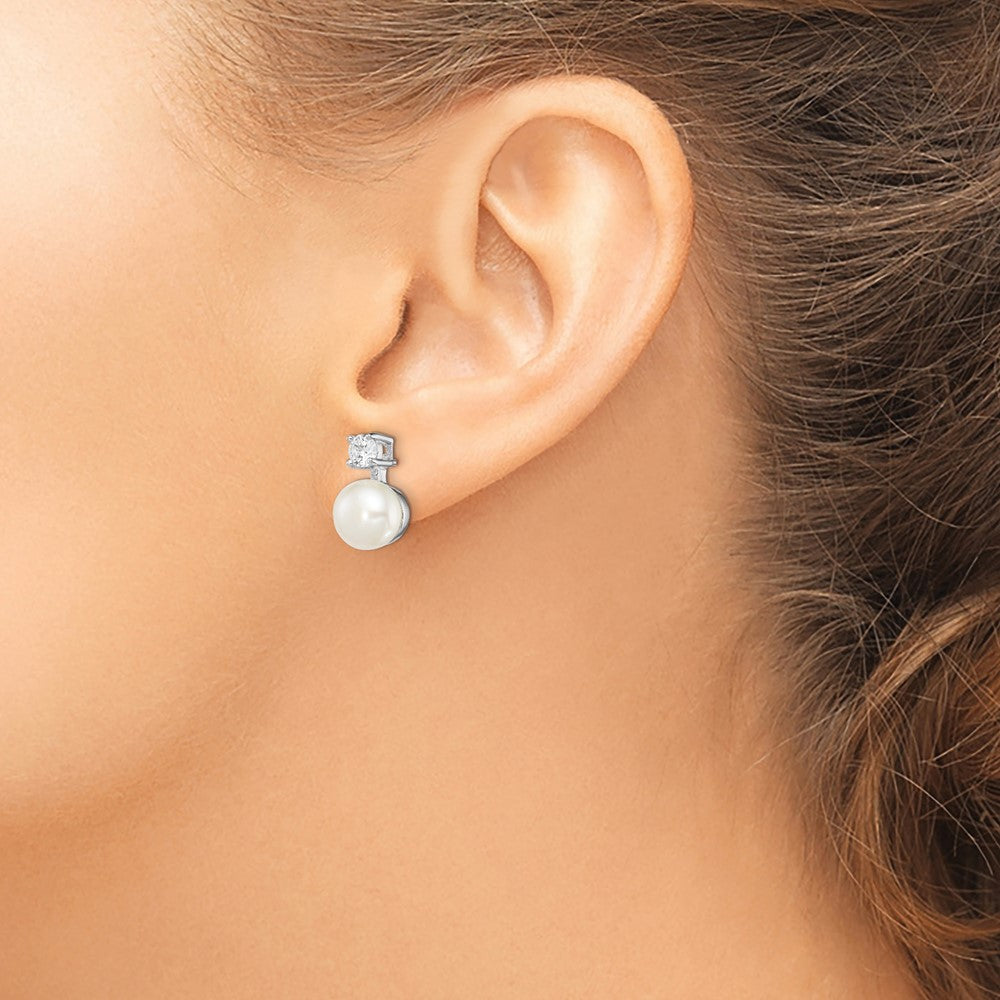 Sterling Silver Rhodium-plated 7-8mm White Button Freshwater Cultured Pearl and CZ Post Earrings - 2