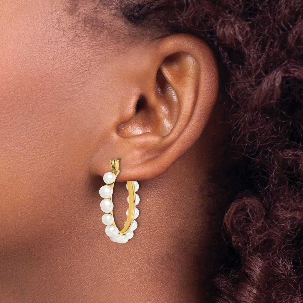 Sterling Silver Gold-plated 4-5mm White Button Freshwater Cultured Pearl Hoop Earrings