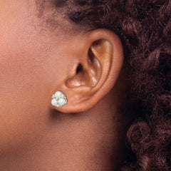 Sterling Silver Rhodium-plated 5-6mm White Button Freshwater Cultured 3-Pearl and CZ Post Earrings