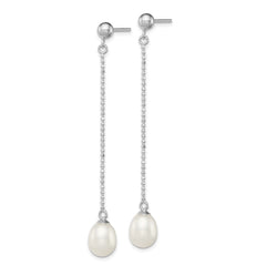 Sterling Silver Rhodium-plated 7-8mm White Rice Freshwater Cultured Pearl Post Dangle Earrings - 3
