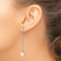 Sterling Silver Rhodium-plated 7-8mm White Rice Freshwater Cultured Pearl Post Dangle Earrings - 3