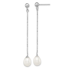 Sterling Silver Rhodium-plated 7-8mm White Rice Freshwater Cultured Pearl Post Dangle Earrings - 3