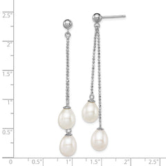 Sterling Silver Rhodium-plated 7-8mm White Rice Freshwater Cultured Pearl Post Dangle Earrings - 5